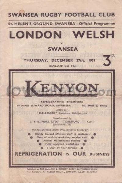 1951 Swansea v London Welsh  Rugby Programme